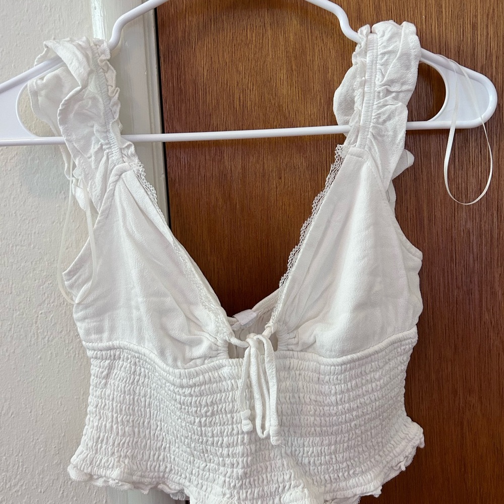 Garage White Ruffled Smocked Crop Top